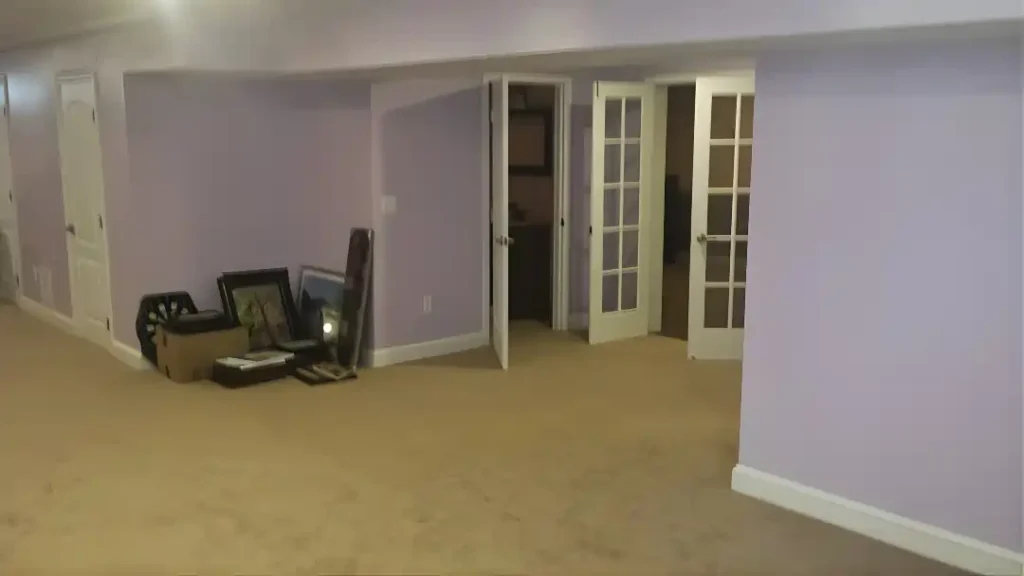 MSD Contractors - Finished basement living room with purple walls and French doors
