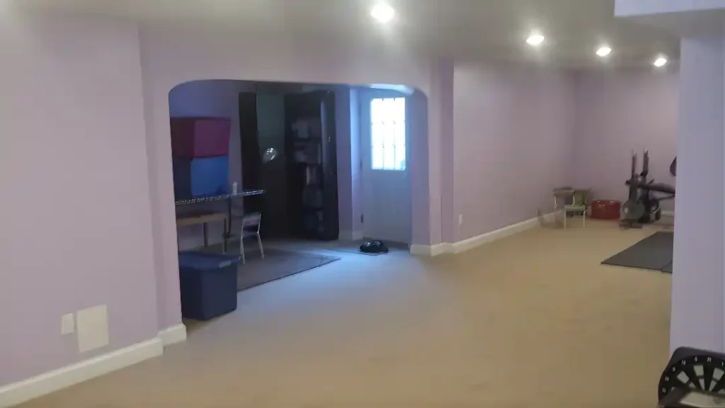 MSD Contractors - finished basement living space with light purple walls and tan carpet