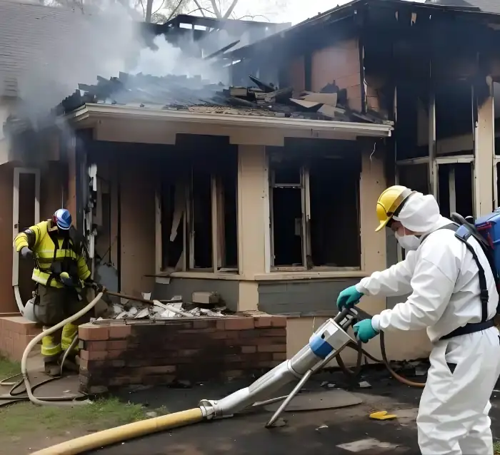 Fire damage cleanup in Baltimore with professionals removing smoke soot and debris from a burned residential home safely
