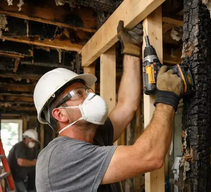 Fire damage restoration in Baltimore with professional contractor repairing a burned home interior safely and efficiently