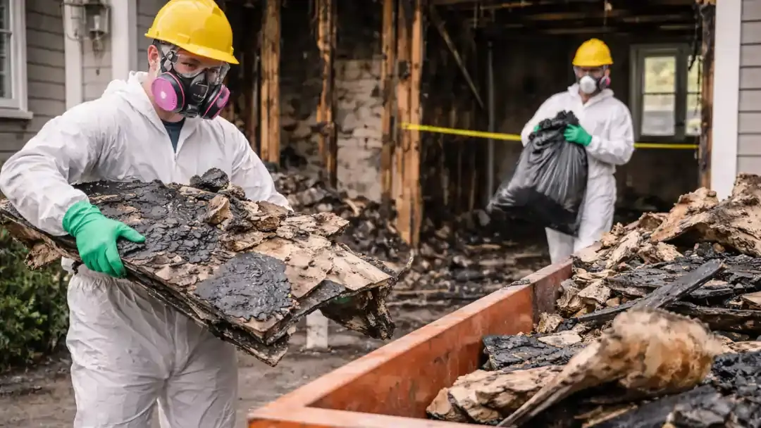 Fire debris removal in Baltimore with professionals clearing charred materials and damaged contents from a residential property safely
