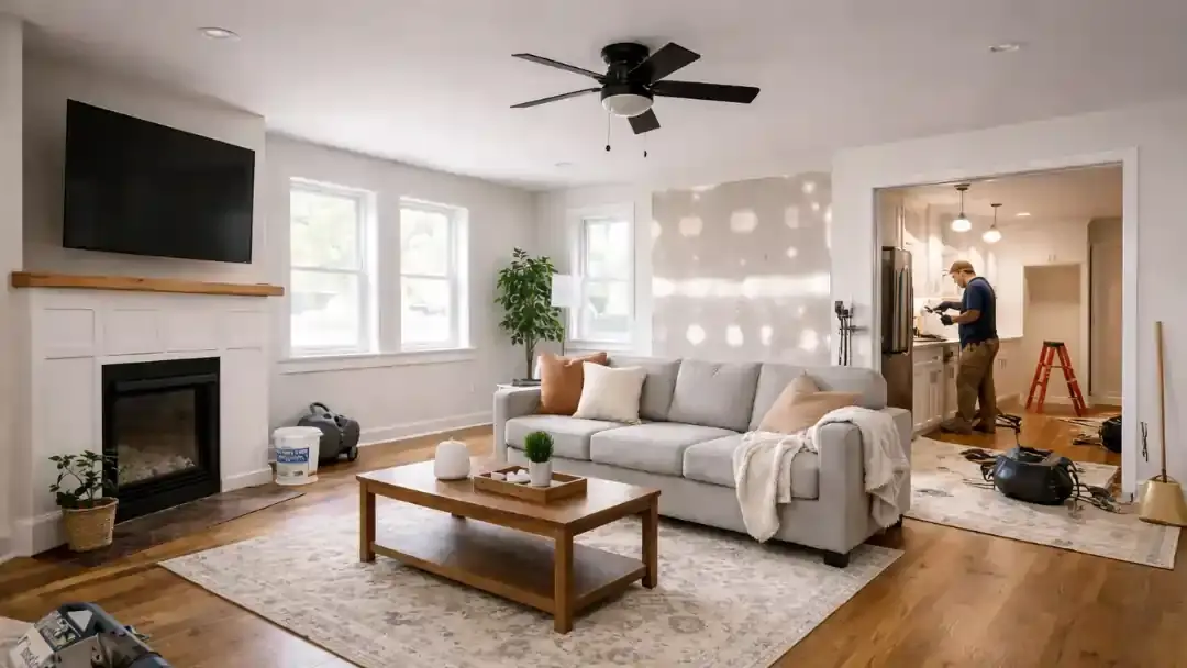 Full fire restoration and rebuild in Baltimore showing a nearly completed home interior with ongoing finishing work and modern repaired living space