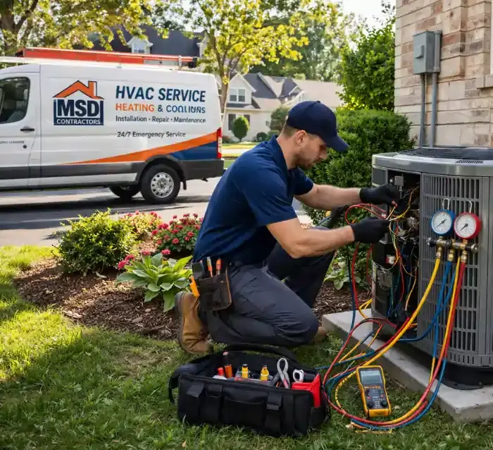 HVAC maintenance in Baltimore with technician inspecting and servicing outdoor air conditioning unit at residential property