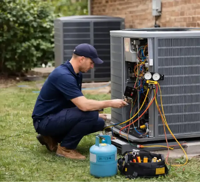HVAC repair in Baltimore with technician servicing outdoor air conditioning unit and inspecting system components for efficient cooling