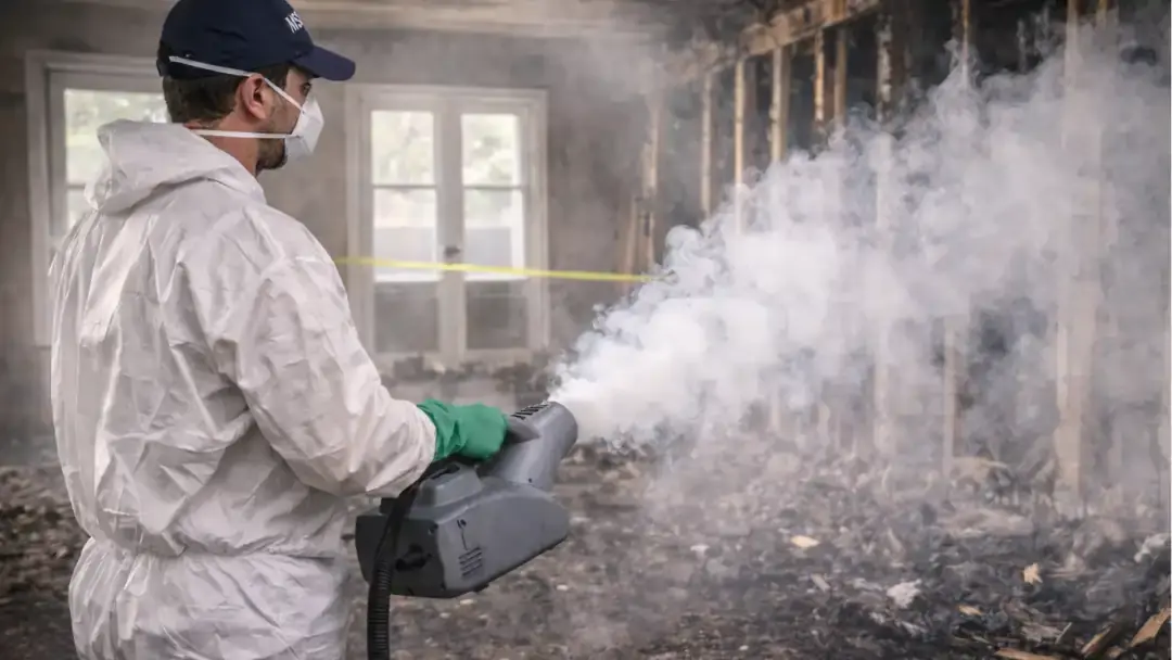 Smoke odor removal in Baltimore using professional fogging equipment to eliminate smoke smell and restore fresh indoor air after fire damage