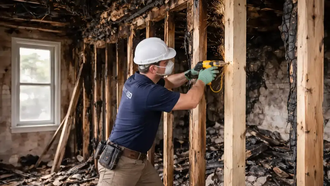Structural fire damage repair in Baltimore with contractor rebuilding burned walls and support framing inside residential property