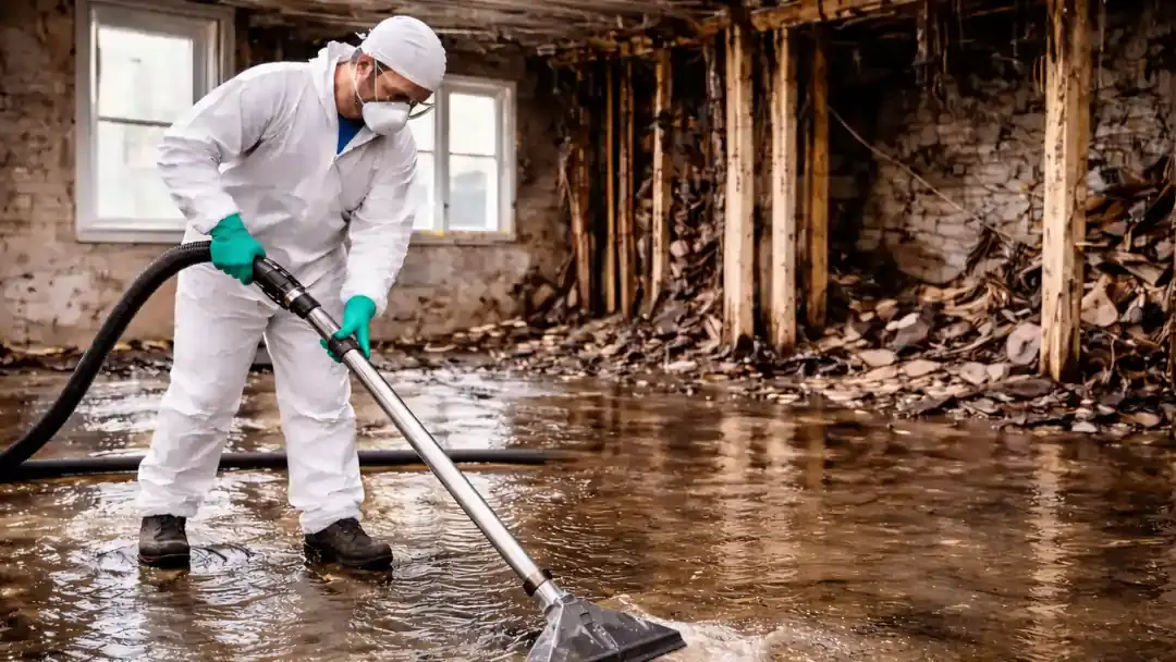 Water damage after fire in Baltimore with technician extracting water and drying wet surfaces to prevent mold and restore the property